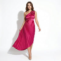 Elegant Satin Pleated Midi Dress with Flower Detail