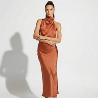 Elegant Satin Two Piece Set with Halter Neck and Maxi Skirt