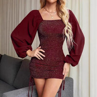 Festive Glitter Bodycon Mini Dress with Puff Sleeves and Square Neckline