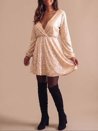 Festive Gold Sequin Wrap Mini Dress with Long Sleeves