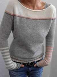 Fine Knit Sweater with Contrast Shoulder Panel and Striped Cuffs