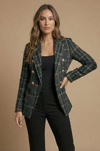 Fitted Double Breasted Check Blazer with Gold Buttons