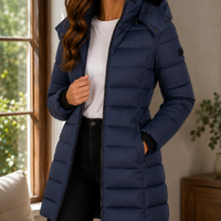 Fitted Hooded Long Quilted Puffer Jacket with Ribbed Cuffs
