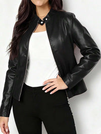 Fitted Leather Biker Jacket with Stand Collar and Panel Seams