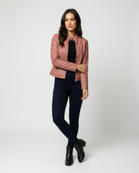 Fitted Leather Jacket with Band Collar and Zip Front