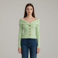 Fitted Off Shoulder Cardigan with Gold Buttons and Ribbed Knit