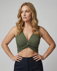 Fitted Ribbed Crop Top with Twist Front and V-Neckline