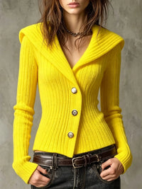 Fitted Ribbed Knit Cardigan with Wide Collar and Gold Buttons