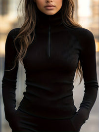 Fitted Ribbed Knit Top with Half Zip High Neck
