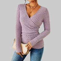 Fitted Ribbed Wrap Top with V-Neckline and Long Sleeves