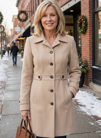 Fitted Wool Coat with Belted Waist Detail and Wide Collar