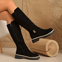 Flat Knee High Suede Boots with Buckle Detail and Lug Sole