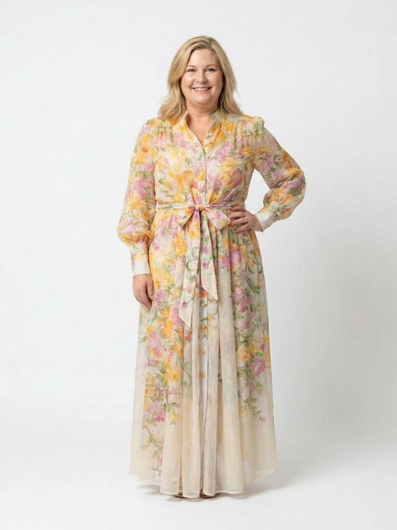 Floral Chiffon Maxi Dress with Long Sleeves and Tie Waist – Mayfair and Finch