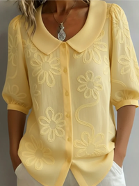 Floral Embroidered Blouse with Peter Pan Collar and Puff Sleeves