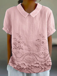 Floral Embroidered Linen Blouse with Collar and Short Sleeves