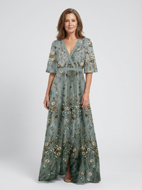 Floral Embroidered Maxi Dress with Flutter Sleeves and Wrap Bodice