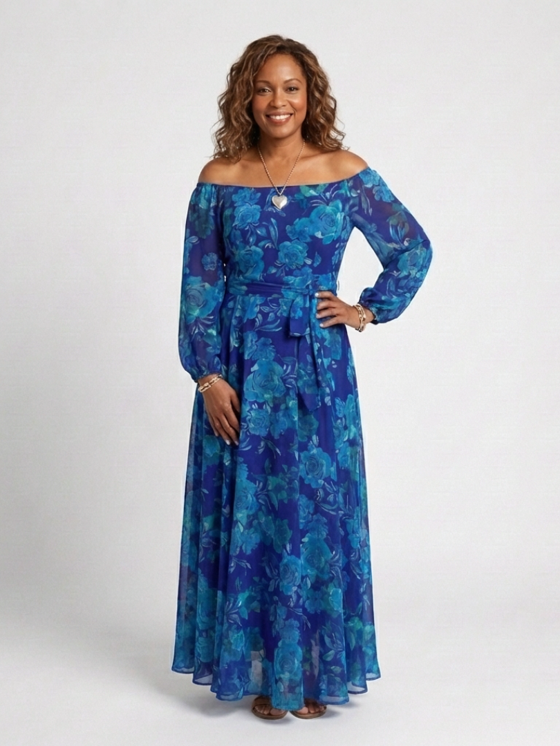 blue floral dress with sleeves Dark Off Shoulder Maxi Long – Mayfair and Finch 23 SS Backless dresses, a captivating Available Sizes:12