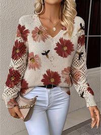 Floral Print Knit Sweater with Crochet Sleeves and V-Neckline