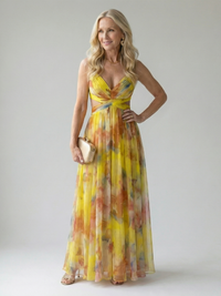 Floral Print Maxi Dress with Crossover Bodice and V-Neckline