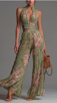 Floral Wide Leg Jumpsuit with Deep V-Neckline and Zip Front