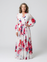 Floral Wrap Front Maxi Dress with Long Sleeves and Tie Waist