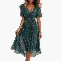 Floral Wrap Front Midi Dress with Flutter Sleeves and V-Neckline