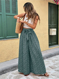 Flowy High Waist Wide Leg Trousers with Ditsy Floral Print and Tie Waist