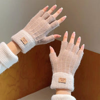 Fluffy Fingerless Gloves with Contrast Ribbed Cuff