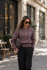 Fluffy Henley Sweater with Gold Crest Buttons and Puff Sleeves