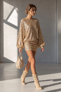 Gold Sparkly Mini Dress with Puff Sleeves and Round Neck