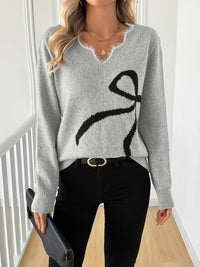 Grey Knit Sweater with Bow Detail and V-Neckline