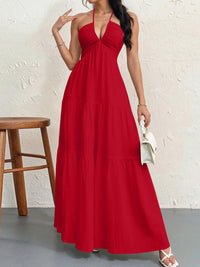 Halter Neck Backless Maxi Dress with Deep V-Neckline and Tiered Skirt