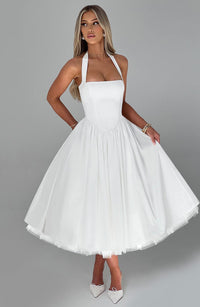 Halter Neck Midi Dress with Full Tulle Skirt and Square Neckline