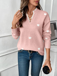Heart Print Knit Sweater with Lace V-Neckline