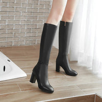 Heeled Knee High Leather Boots with Side Zip