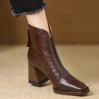 Heeled Leather Ankle Boots with Block Heel and V-Cut Front