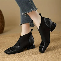Heeled Leather Ankle Boots with Knit Panel and Square Toe