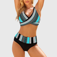 High Waist Bikini Set with Crossover Top and Bold Print