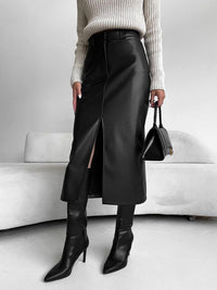 High Waist Faux Leather Midi Skirt with Front Split