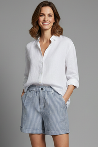 High Waist Linen Striped Shorts with Cuffed Hem