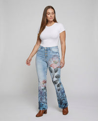 High Waisted Flared Jeans with Floral Print and Buttons
