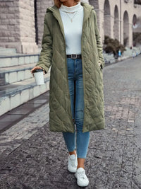 Hooded Long Quilted Relaxed Coat with Diamond Pattern