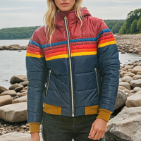 Retro Hooded Puffer Jacket with Rainbow Colour Block Stripes