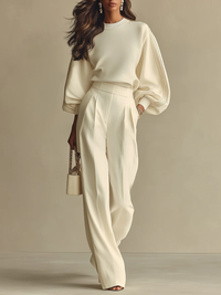 Ivory Knit Two Piece Set with Puff Sleeves and Wide Leg Trousers