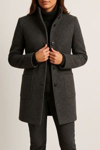 Tailored Wool Coat with High Neck and Patch Pockets