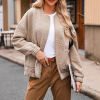 Khaki Quilted Bomber Jacket with Floral Texture and Patch Pockets