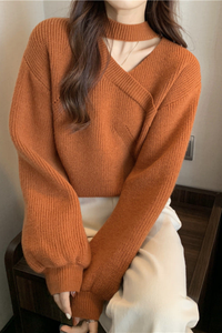 Knit Sweater with Choker Neck and Wrap V-Neckline
