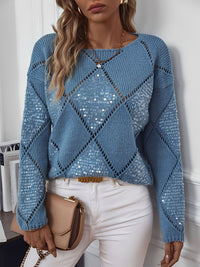 Soft Knit Sweater with Diamond Pattern and Sequin Detail