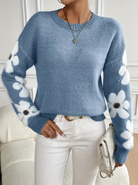 Knit Sweater with Floral Sleeve Detail and Crew Neck