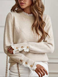 Knit Sweater with Lace Collar and Gold Button Cuffs